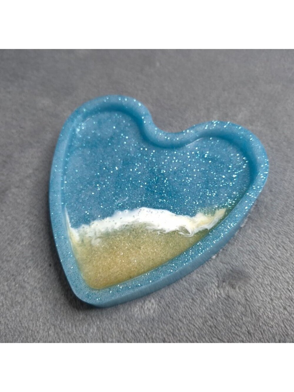 Heart-Shaped Resin Trinket Dish 4.5 in Glitter Beach-Inspired Sand Handmade